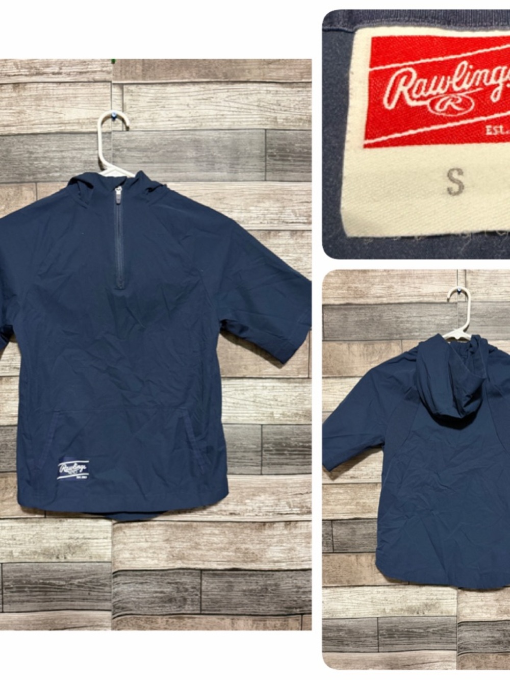 Rawlings Short Sleeve Windbreaker Hoodie Youth S Navy Blue Baseball